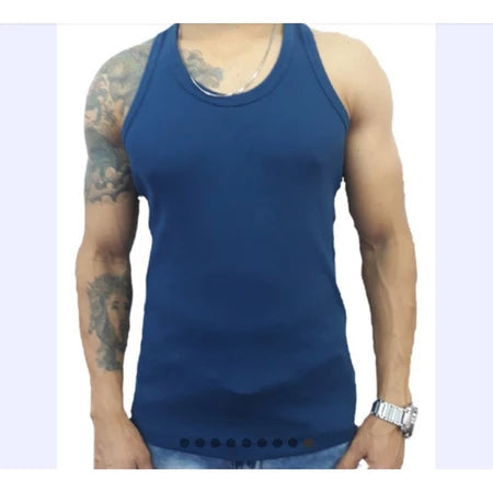 Regata Masculina Modelo Americano Ribana Canelada Algodão e Elastano AZUL