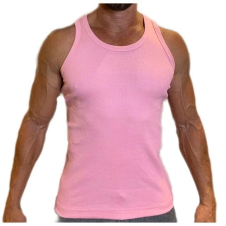 Regata Masculina Modelo Americano Ribana Canelada Algodão e Elastano ROSA CHICLETE