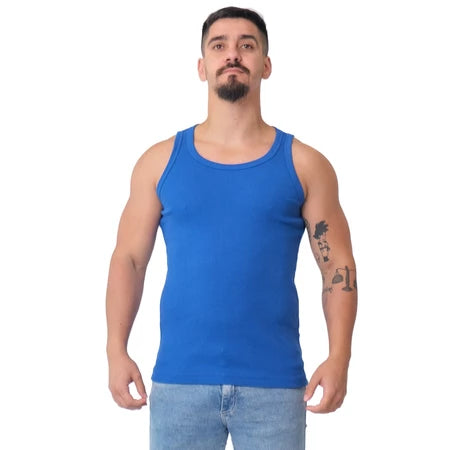 Regata Masculina Modelo Americano Ribana Canelada Algodão e Elastano AZUL BIC